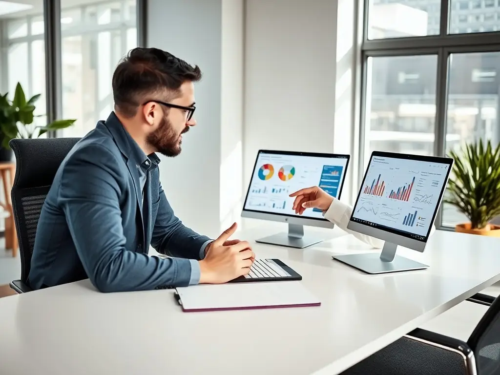 An entrepreneur in a vibrant co-working space, collaborating with a business coach to refine their business plan and growth strategies on a digital tablet.