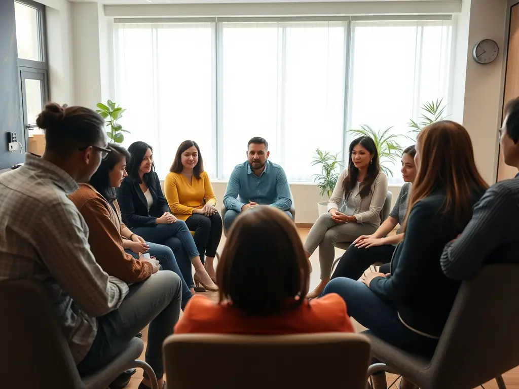 A diverse group of business professionals engaged in a coaching session, focusing on personal development and career advancement strategies in a collaborative environment.