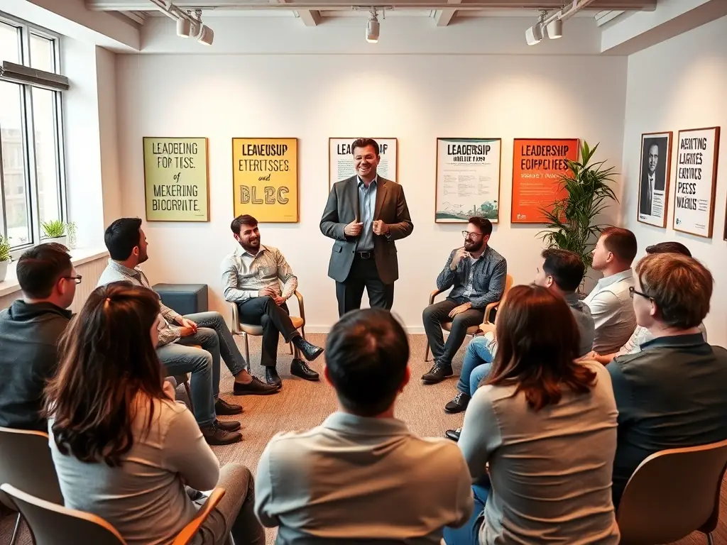 A dynamic business coach facilitating a leadership workshop, guiding a diverse group of professionals through strategic decision-making exercises in a modern office setting.